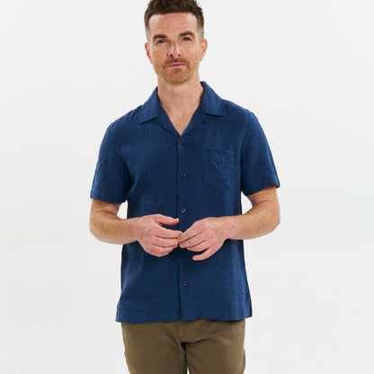 Navy Linen Camp Collar Short Sleeve Shirt