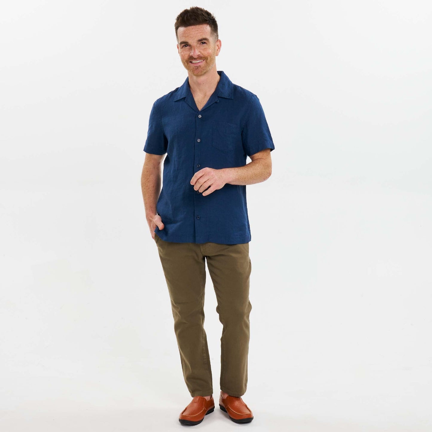 Navy Linen Camp Collar Short Sleeve Shirt