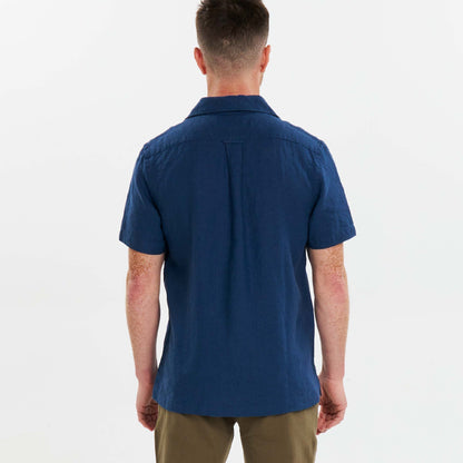 Navy Linen Camp Collar Short Sleeve Shirt