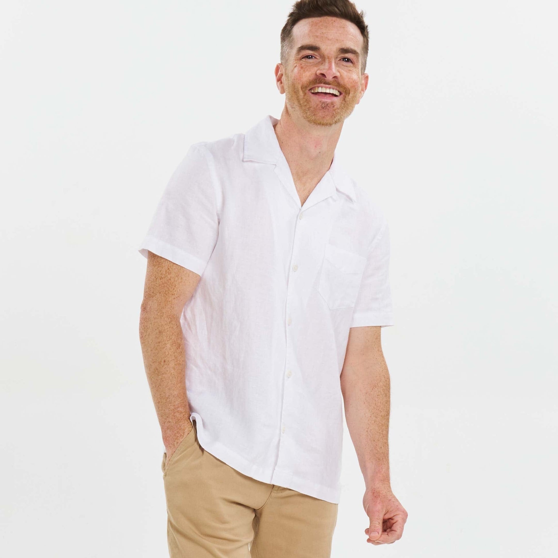 White Linen Camp Collar Short Sleeve Shirt