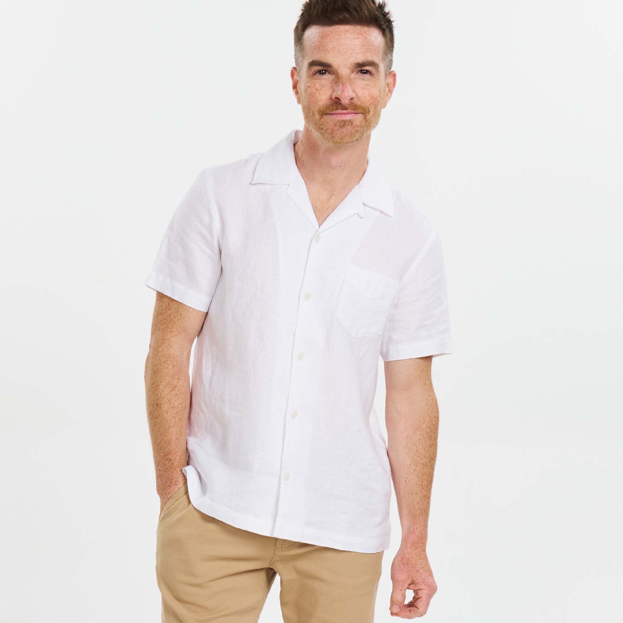 White Linen Camp Collar Short Sleeve Shirt