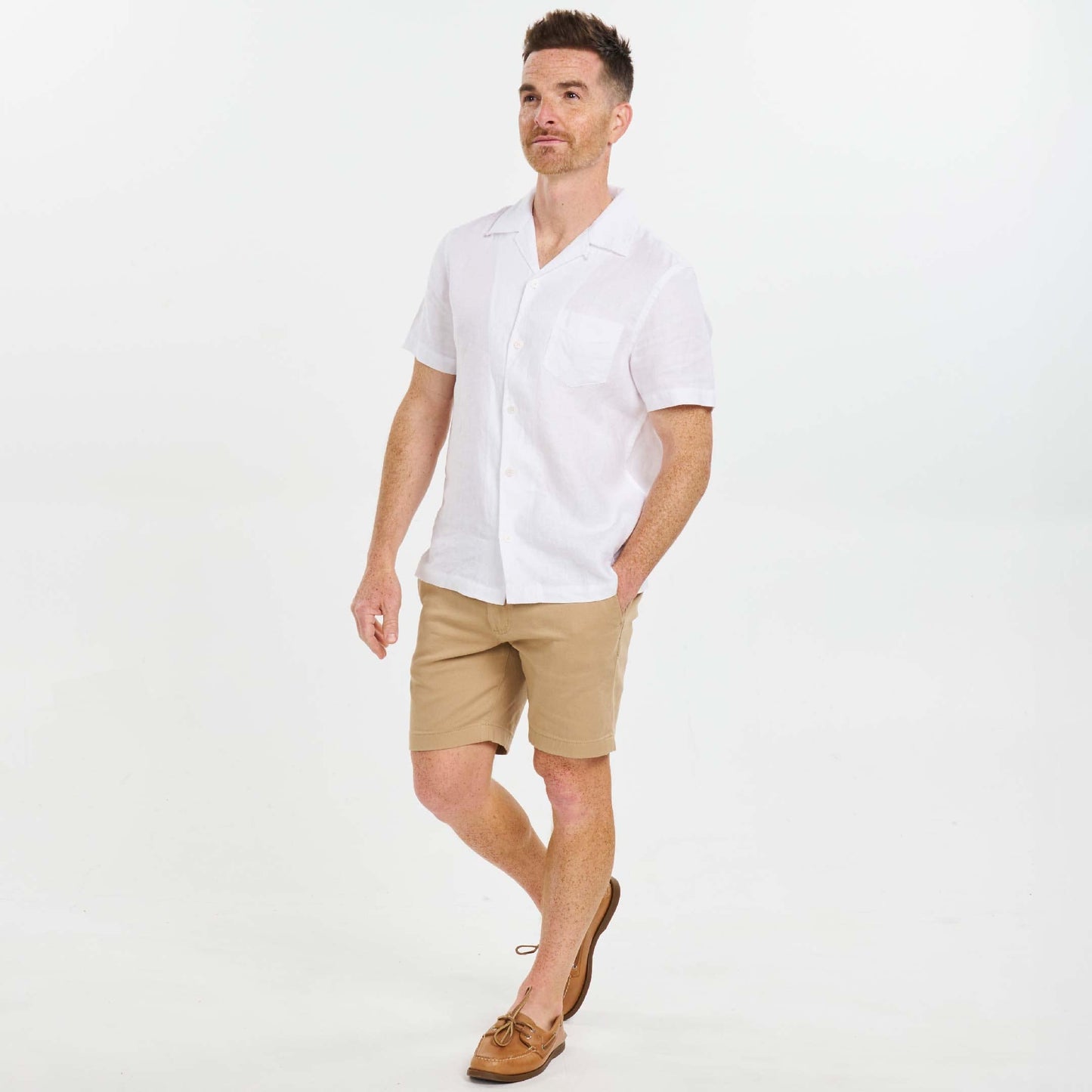 White Linen Camp Collar Short Sleeve Shirt