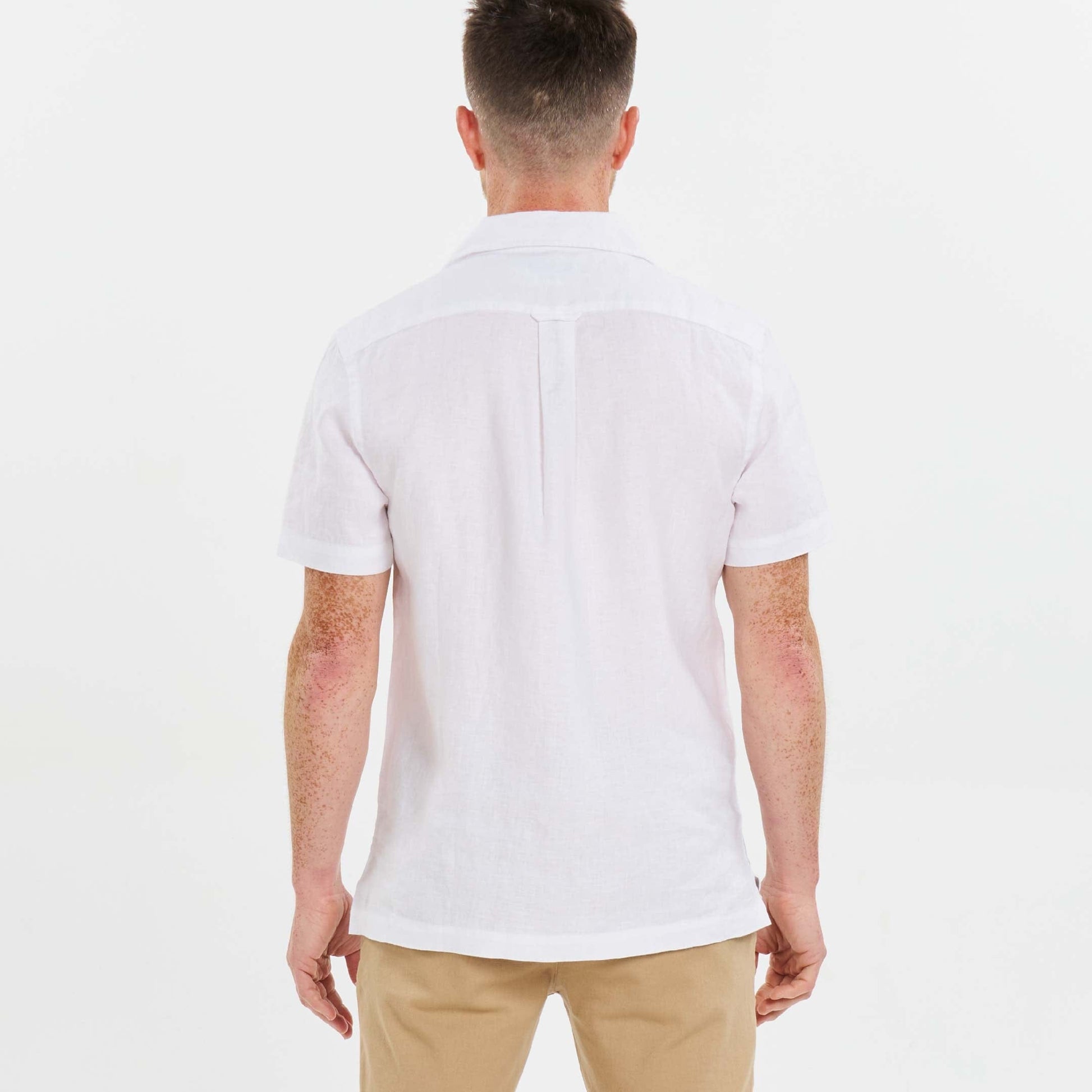 White Linen Camp Collar Short Sleeve Shirt