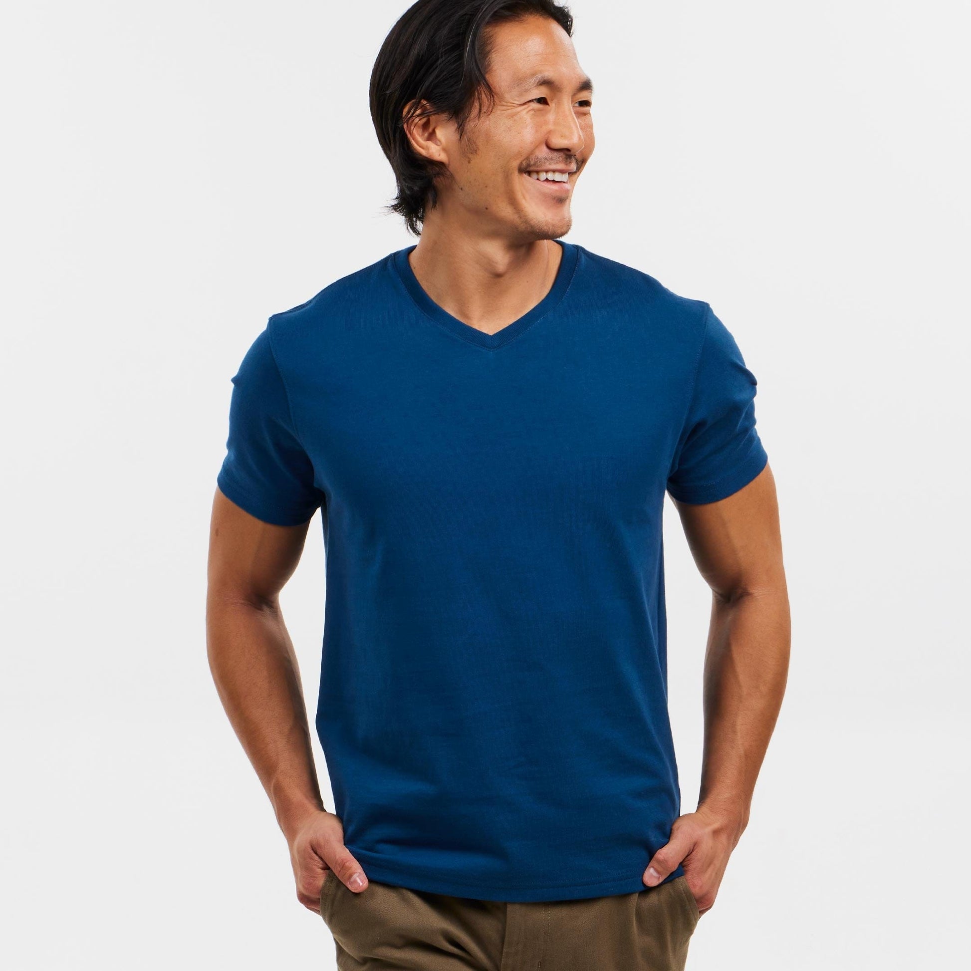 Blue Pima Cotton V Neck Tee