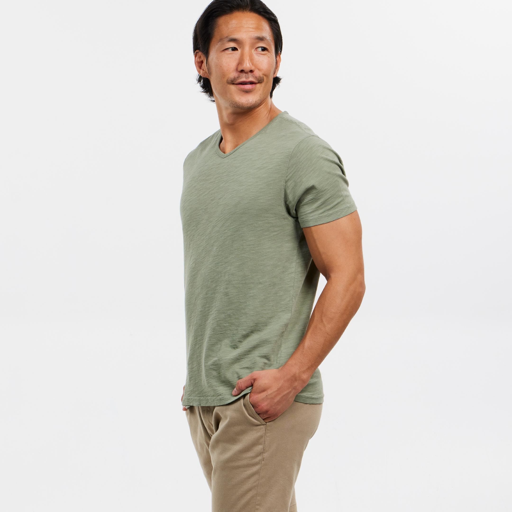 Lightweight Washed Muted Green V Neck Tee