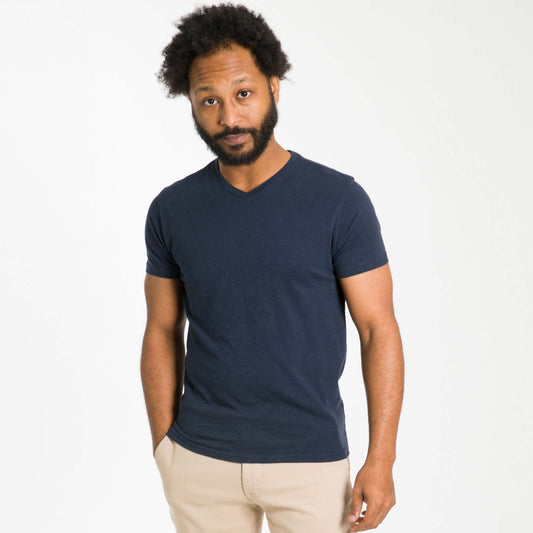 Lightweight Washed Navy V Neck Tee